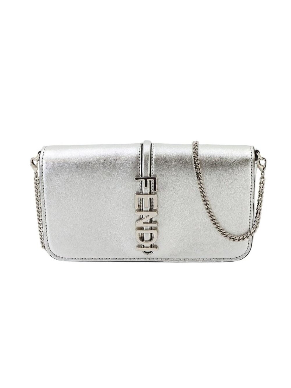 Fendi Graffiti Chain Wallet Leather Silver Graphy Shoulder Bag